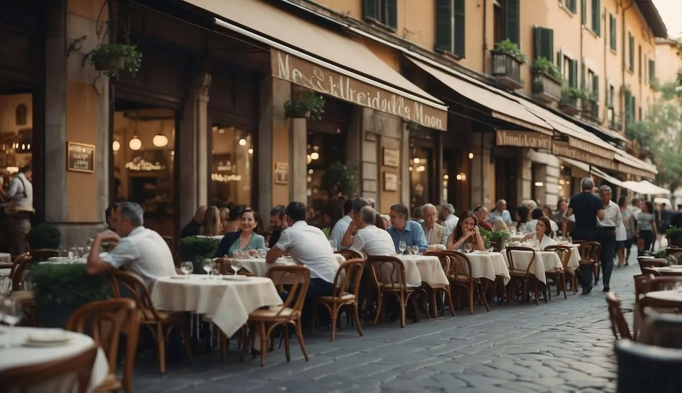 A bustling Milan street with elegant outdoor cafes, adorned with Michelin-starred signs and bustling with diners enjoying gourmet lunches