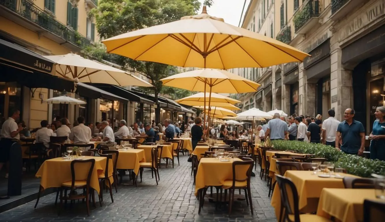 A bustling Milan street lined with elegant outdoor cafes, where diners enjoy exquisite Michelin-starred lunches under the shade of colorful umbrellas