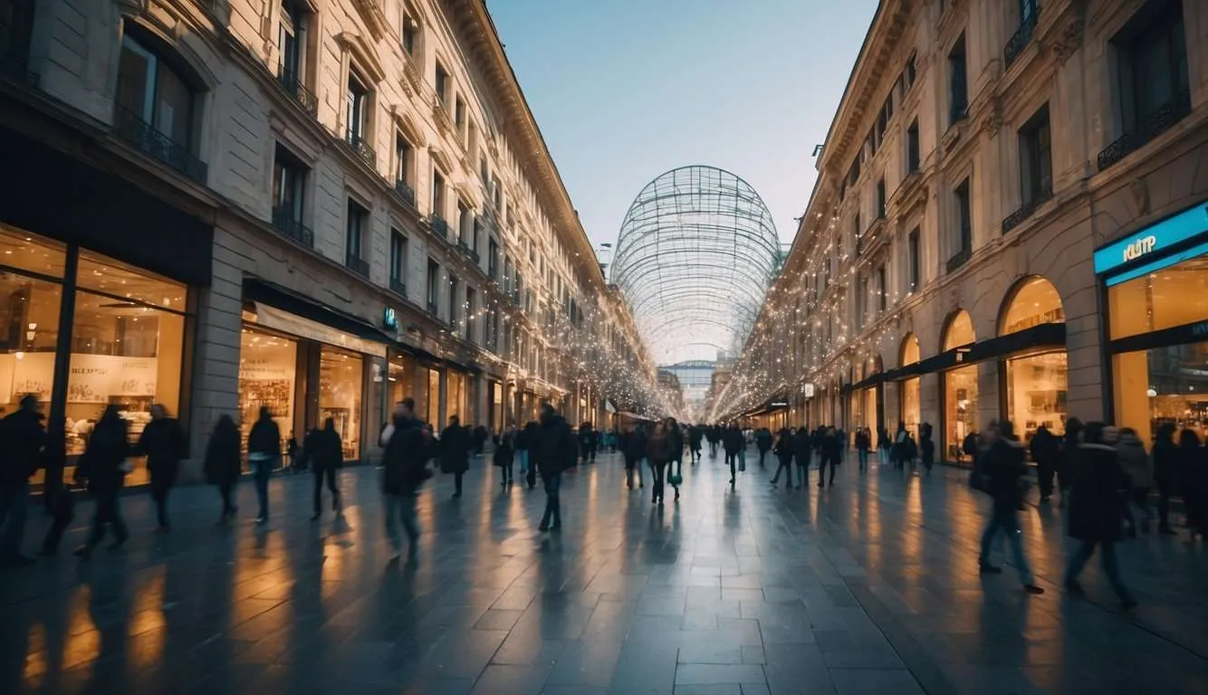 A bustling city street lined with modern office buildings and vibrant storefronts, showcasing the dynamic energy of Milan's innovative health startup culture