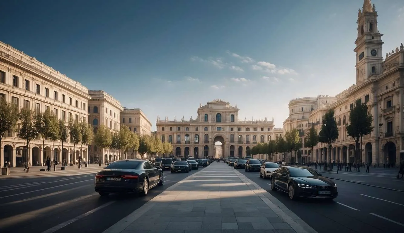 A bustling city street with futuristic AI healthcare startups and sleek modern buildings in Milan