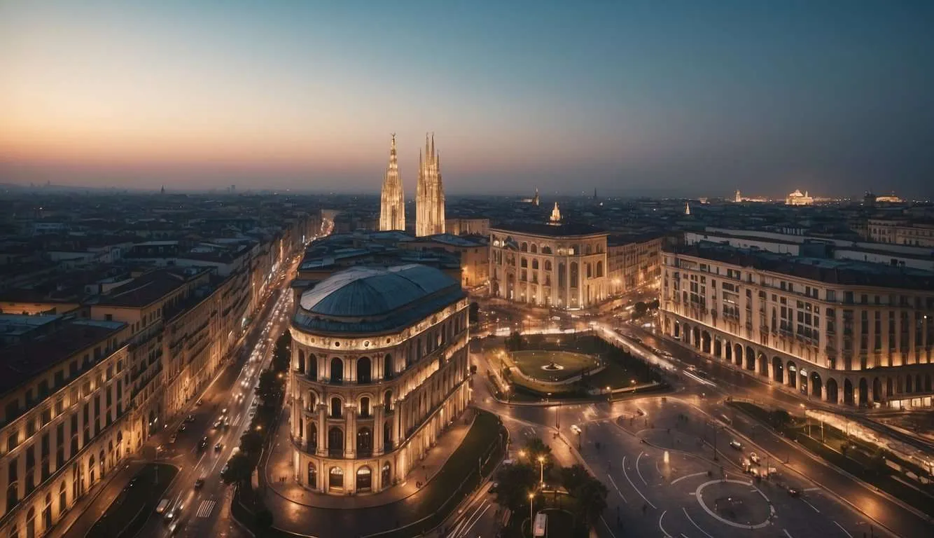 A bustling Milan cityscape with modern health startups, vibrant economy, and diverse societal contributions