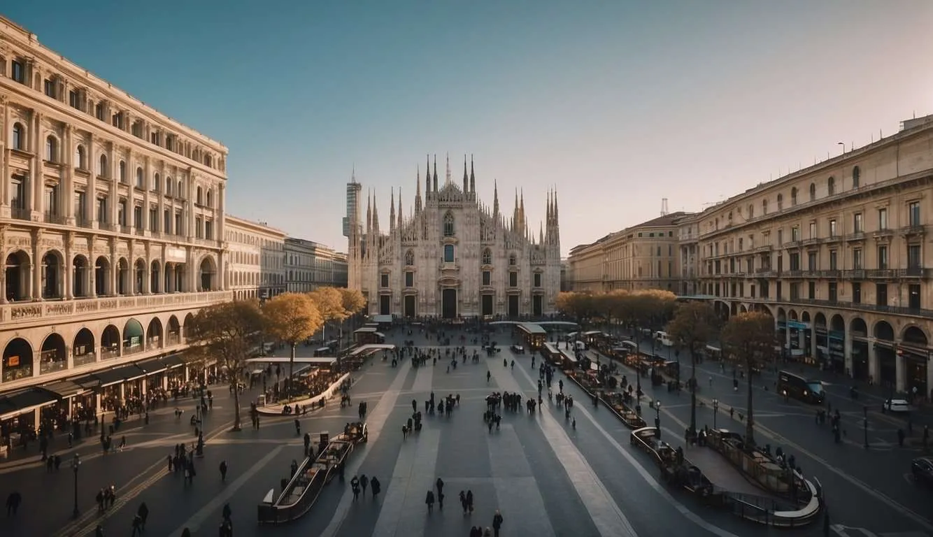 A bustling city street in Milan, lined with sleek, modern buildings and bustling with innovative health startups. Technology and wellness intersect in this vibrant scene