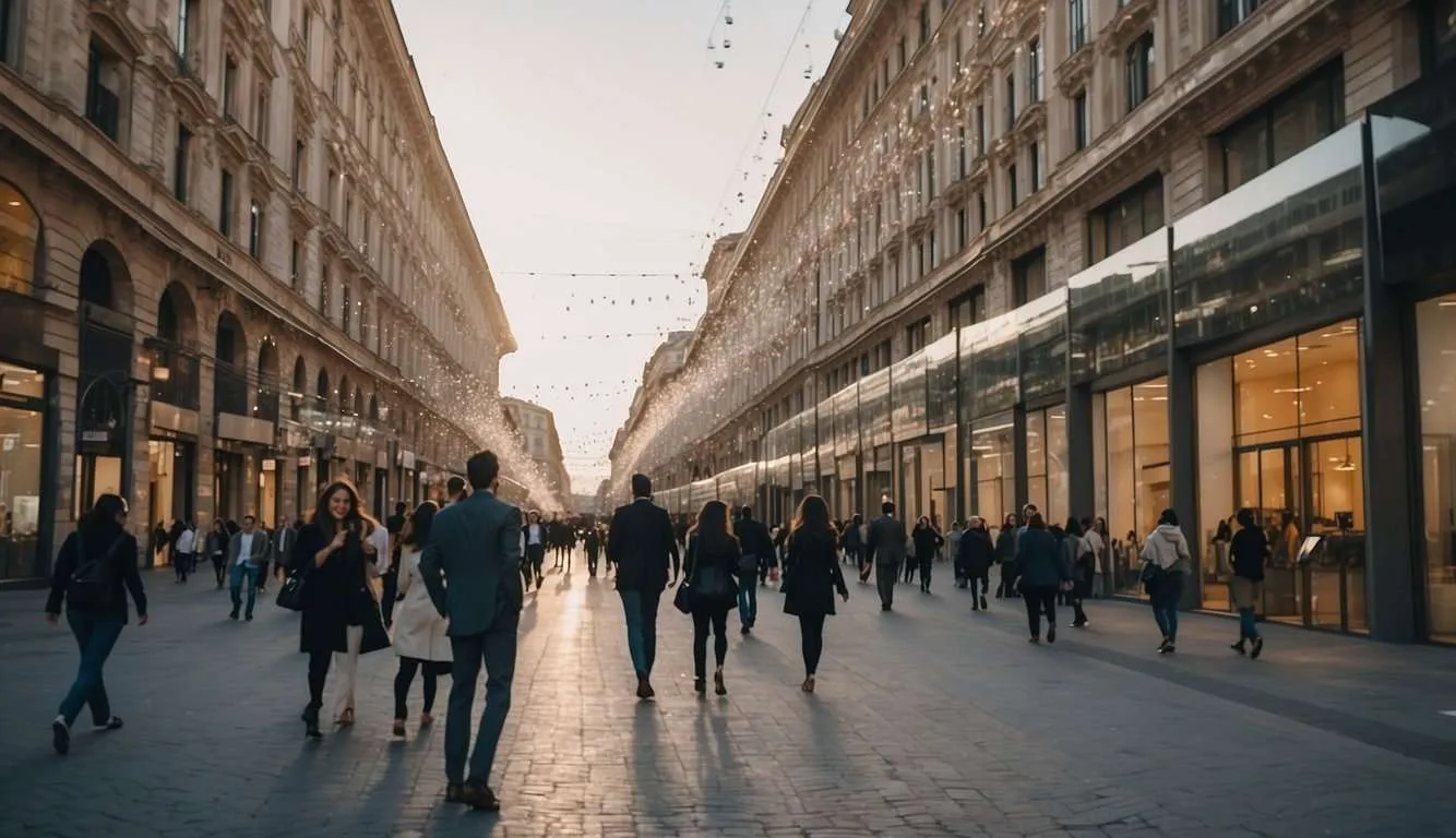 A bustling city street with modern office buildings and vibrant signage, showcasing the energy and innovation of Milan's health startups